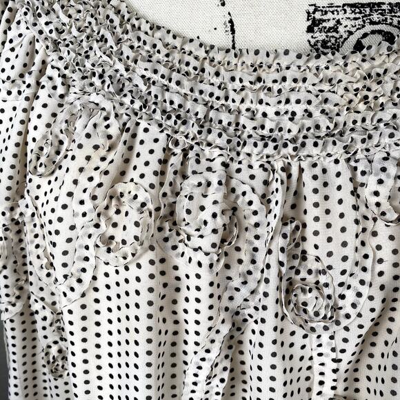 Max Edition Sz XL Flutter Short Sleeve Polka Dot Blouse Black White Rosettes - Picture 5 of 10